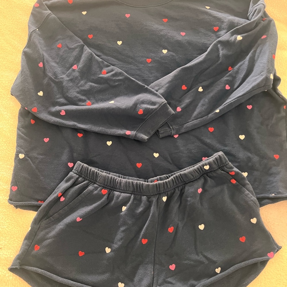 Stars Above Heart Print Pajama Set - Navy